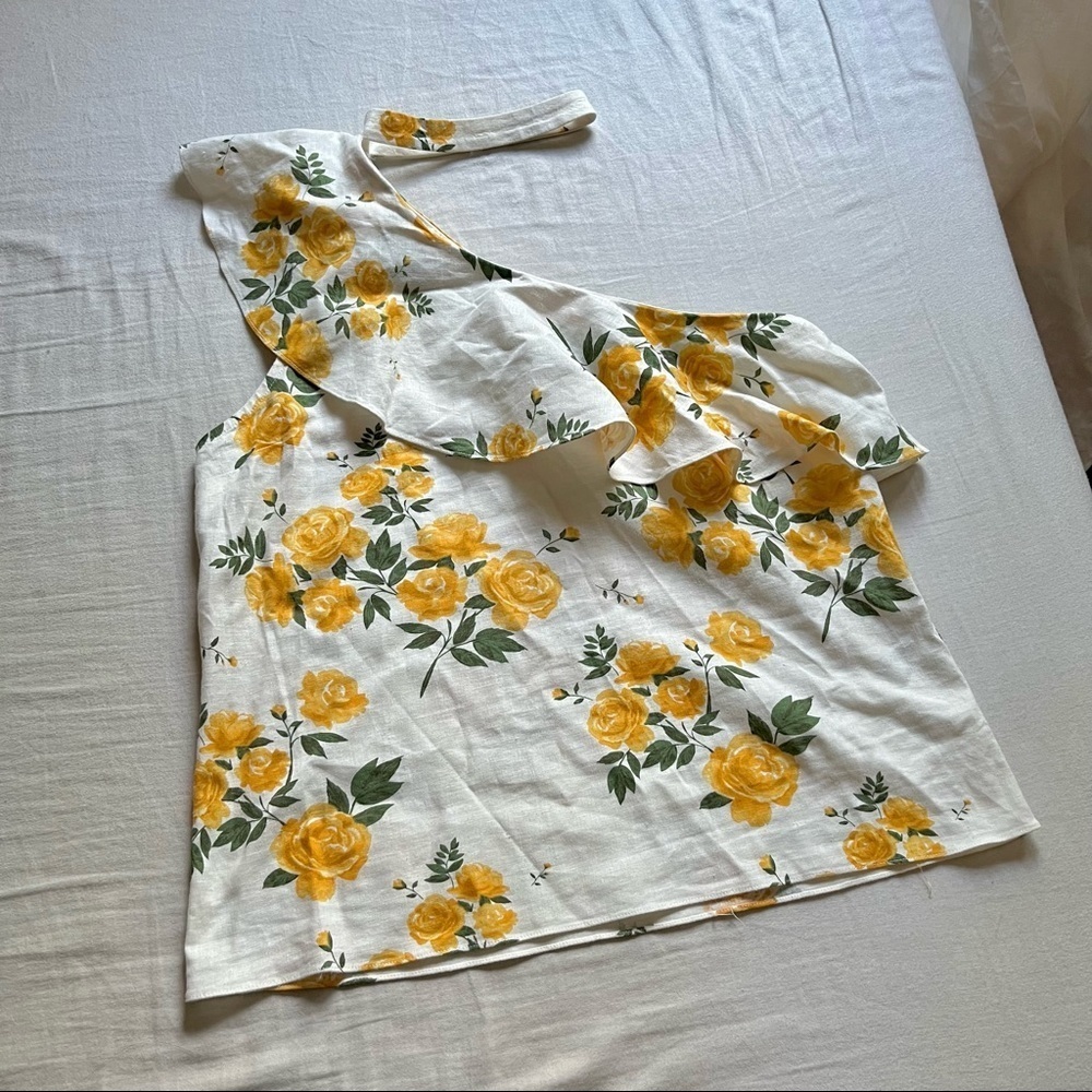 L’academie off white ivory linen rayon‎ elastane blend floral ruffle tank top
